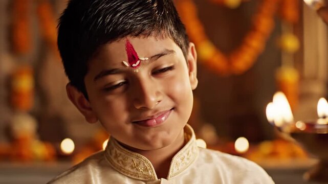 Smiling boy with tilak in traditional attire, amidst warm light and blurred background