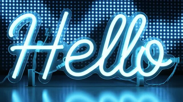 Hello" in a glowing neon-blue script font sits on a reflective surface against a backdrop of bright blue lights