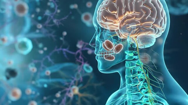 Anatomical video of human body showing depleted cellular energy, mitochondria detail, nervous system highlighted in turquoise