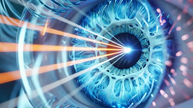 Scientific video showing light rays entering human eye and refracting through optical system, transparent anatomical eye model, visible light beams in blue and white showing path from cornea to retina