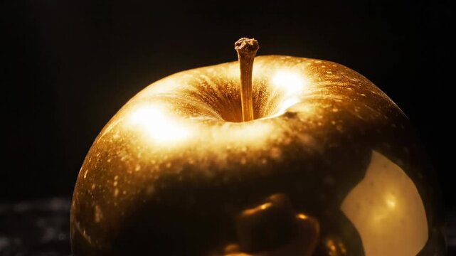 Gleaming golden apple with a short stem, staged against a deep black backdrop with subtle texturing on the base surface