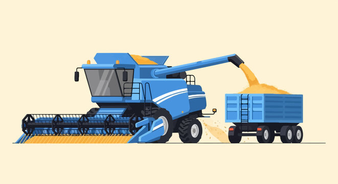Blue combine harvester unloads grain into a blue truck trailer in a field