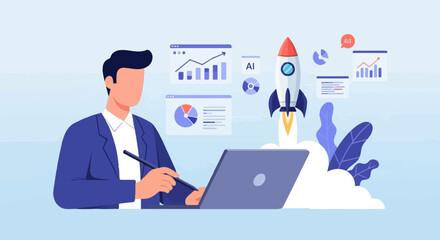 Businessman works on laptop with rocket launch and data analytics charts
