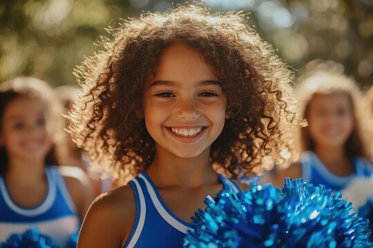 Sunlit youth cheerleaders in blue and white uniforms holding shiny blue pom-poms, curly hair and spirited team energy