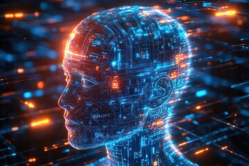 Obraz premium futuristic glowing digital humanoid profile of circuit-board head with blue and orange data streams conveying contemplative technological awe