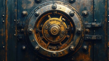 Obraz premium aged heavy circular bank vault door with rusted bolts, central locking wheel, thick hinges and dark metal panels, evoking strength, secrecy and guarded mystery