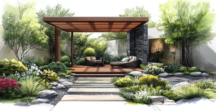 Tranquil modern backyard garden with wooden pergola over a deck, cushioned lounge chairs beside a stone wall, stepping stone path through lush flowering shrubs, ornamental grasses and trees
