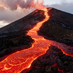 A river of glowing lava flowing down the side of a volcano