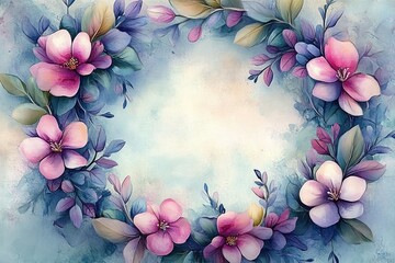 dreamy watercolor floral wreath of pink and purple blossoms with green-blue leaves framing a soft pastel background and empty center, serene and romantic