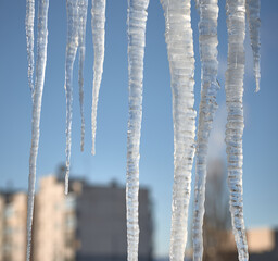 Large icicles over defocused winter urban cityscape background