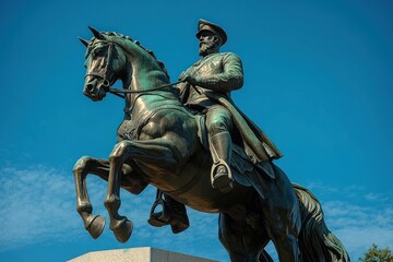 bronze equestrian statue of a uniformed rider on a rearing horse against a clear blue sky, majestic and stoic
