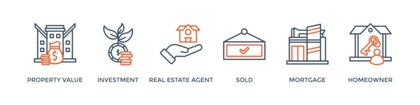 Real estate banner web icon vector illustration concept with icon of property value, investment, real estate agent, sold, mortgage and homeowner