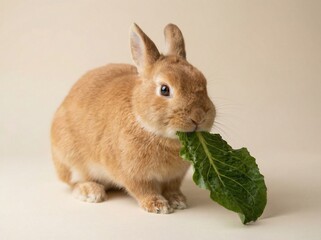 Fototapeta premium Brown rabbit holding a green leafy vegetable in its mouth, sitting on a light beige background with soft lighting highlighting its fur texture