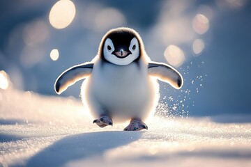 fluffy baby penguin chick joyfully waddling across sunlit snow with sparkling bokeh highlights