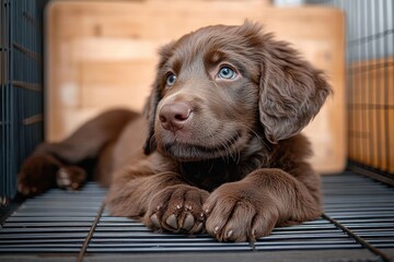 sleepy brown puppy resting its paws on a metal crate floor with soft fur and a cozy wooden backdrop, calm and relaxed mood