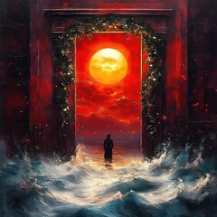 lone silhouette standing in turbulent ocean waves beneath an ornate doorway framed with vines, facing a giant glowing sun in a fiery red sky &mdash; awe and solitude