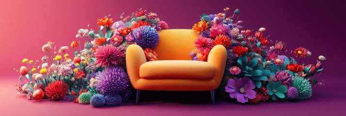 cozy orange armchair surrounded by abundant colorful flowers against a vibrant pink and purple gradient background, whimsical joyful atmosphere
