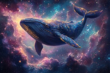 majestic blue whale floating through a radiant multicolored nebula of stars with glowing gold flecks, evoking serene wonder and dreamlike cosmic calm