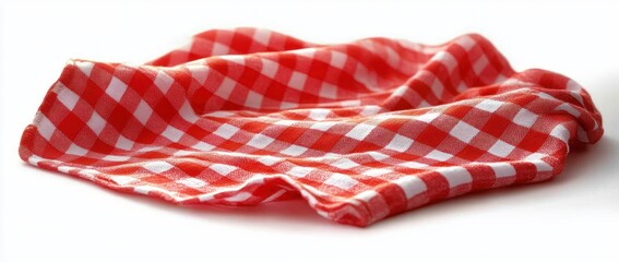 Fototapeta premium crumpled red and white checkered cloth napkin on white background evoking cozy picnic and homey warmth