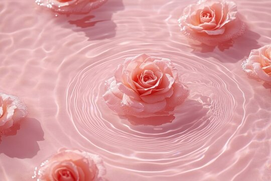 Soft pink roses floating on glossy pastel water with gentle ripples and lacy foam, evoking a serene, romantic, tranquil mood