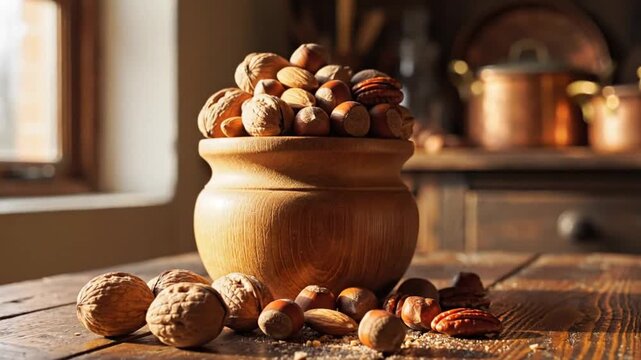 Wooden bowl overflowing with assorted nuts on a rustic wooden table in a sunlit kitchen interior