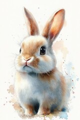 Obraz premium Adorable watercolor baby rabbit with soft brown-and-white fur, big dark eyes and curious gentle expression, sitting against a light splattered paint background