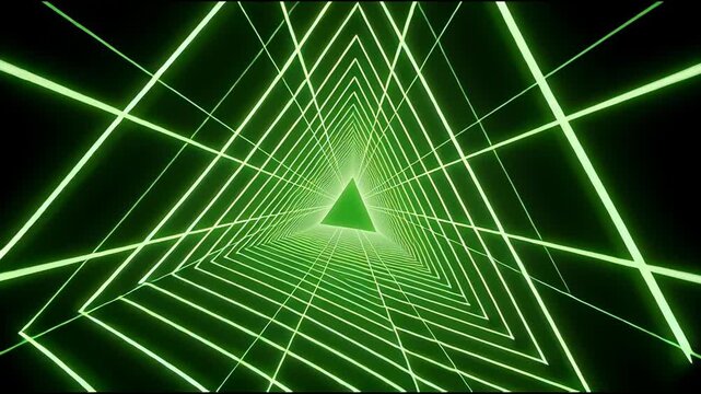 Entering a Neon Triangular Corridor with Green Laser Lines