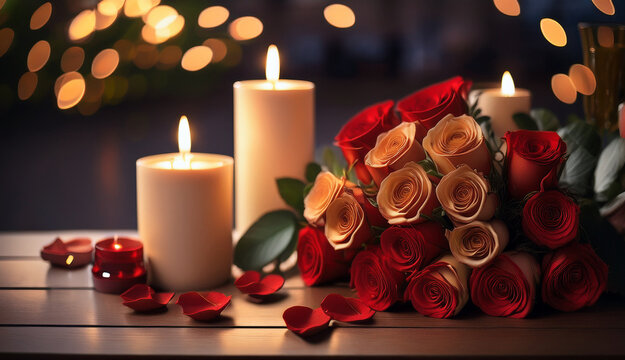 Rosen mit Kerzen, romantisch. Jahrestag, Valentinstag, Geburtstag, Verlobung - 7