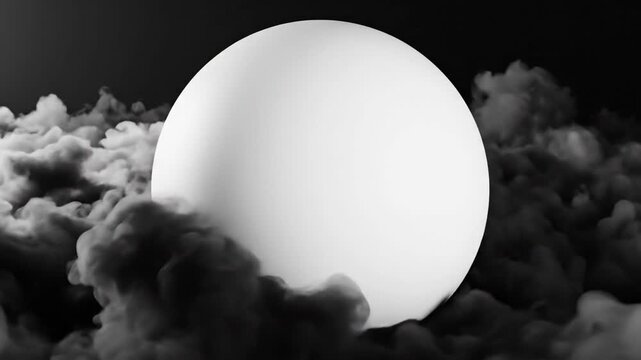 Glossy black sphere surrounded by wisps of fog on a gray background with gradients and soft light
