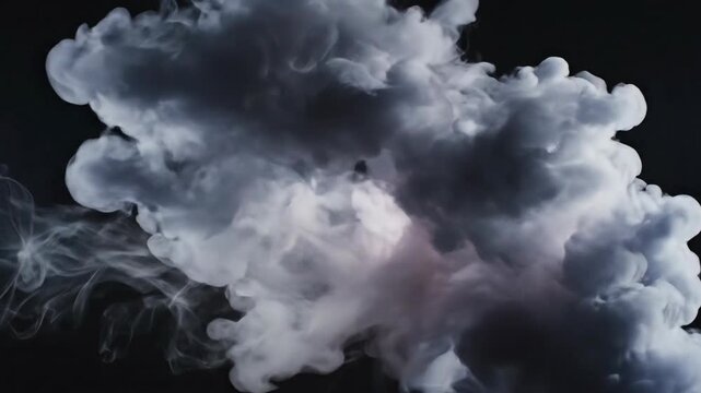 Ominous, billowing cloud of gray and white smoke against a stark black backdrop, conveying depth and a dramatic effect