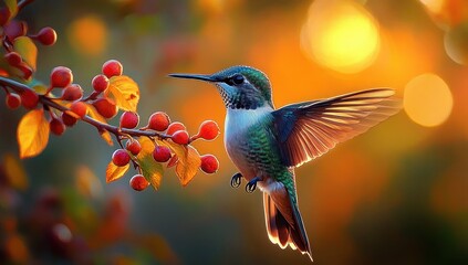 Fototapeta premium Iridescent hummingbird hovering beside a berry-laden branch at golden sunset, wings outstretched with warm glowing bokeh evoking peaceful wonder