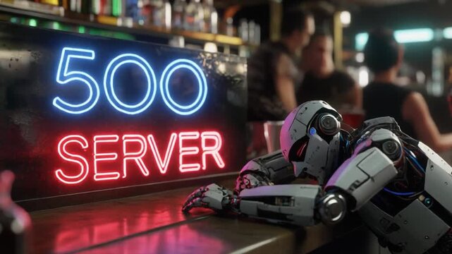 Robots serving drinks at a bar with 500 server sign