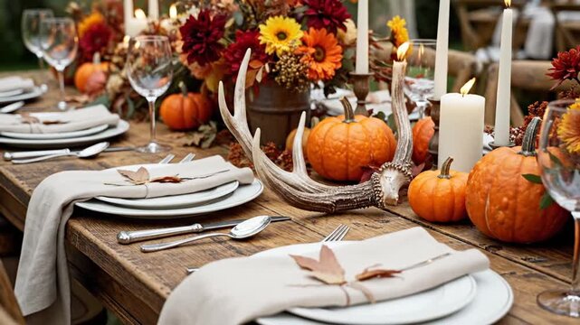 Festive autumnal table setting with pumpkins, flowers, candles, and cutlery. Includes decorative antler
