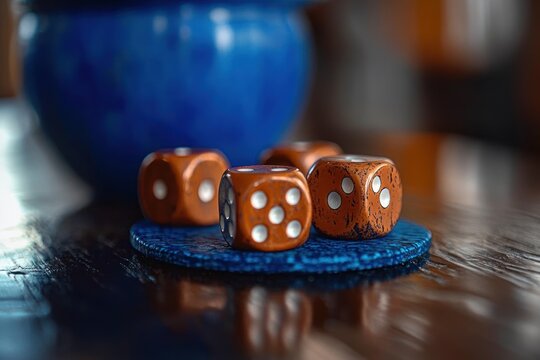 Four speckled orange dice with white pips resting on a blue woven coaster on a glossy wooden table with a blurred blue ceramic pot in the background, cozy contemplative mood
