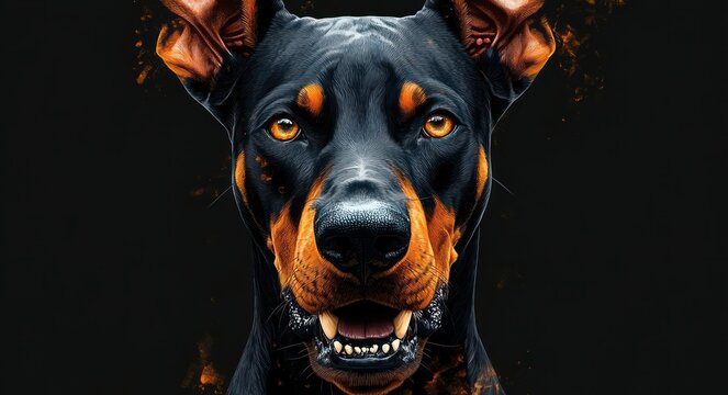 snarling dog with bared teeth and exposed lower jaw, pointed ears and fiery sparks against a dark background, fierce and menacing emotion