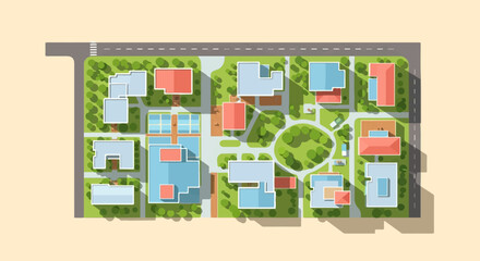Obraz premium Aerial view of a residential complex with buildings, roads, and green spaces