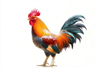 Fototapeta premium proud colorful rooster standing in profile with vibrant red comb and iridescent tail feathers on white background