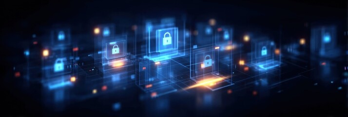 Fototapeta premium Within a corporate network, an intelligent firewall enhances security strategies to keep operations secure, blocking any threat and reducing risk through adaptive protection