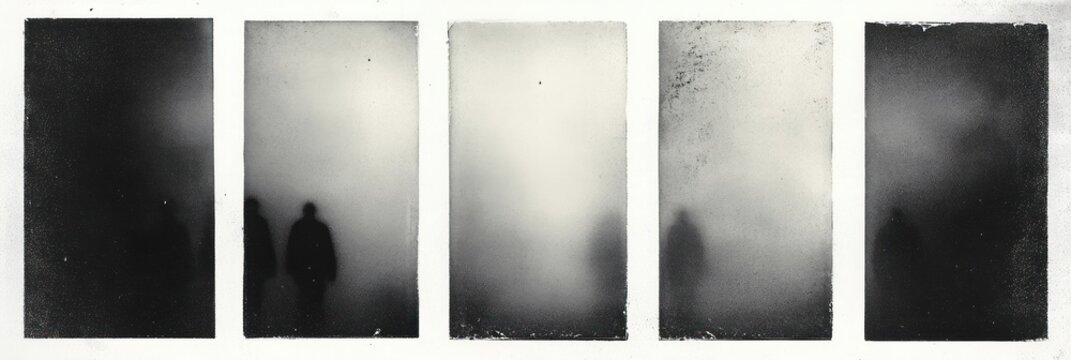 Five vertical black and white photographic frames with grainy borders, foggy gradients and blurred human silhouettes, solitary figures in mist evoking mystery and melancholy