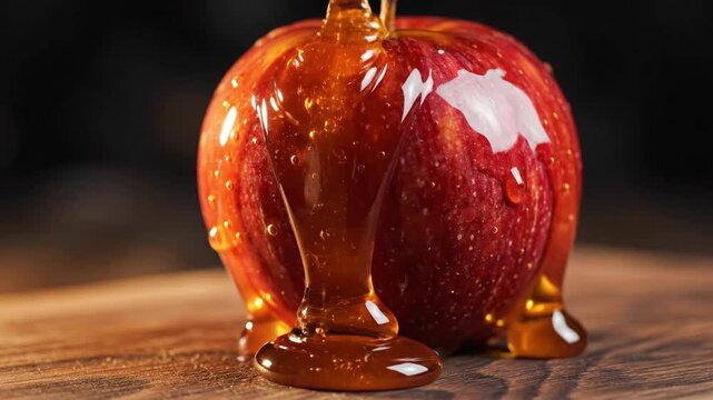 Glossy red apple with amber-toned liquid dripping down, resting on a textured wooden surface