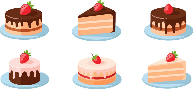 Assorted cakes and cake slices, each topped with a strawberry