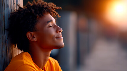 Calm african american man with curly hair enjoying sunset light outdoors