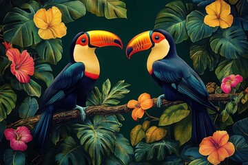 Fototapeta premium Two toucans perched on a branch amid lush tropical leaves and colorful hibiscus flowers, facing each other in a peaceful vibrant jungle scene