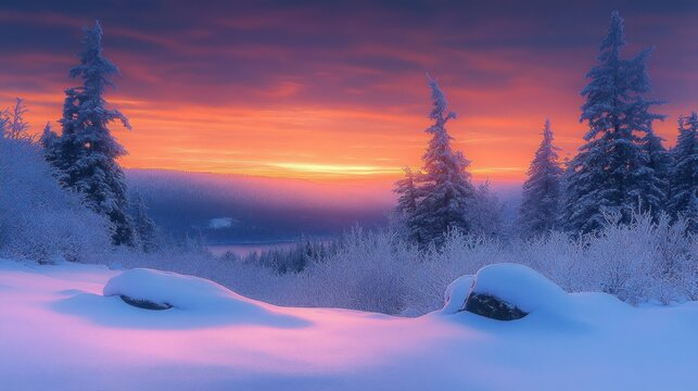 snow-covered clearing with frosted evergreen trees, snow-draped rocks and distant ridges under a glowing orange and purple sky, serene and peaceful winter landscape
