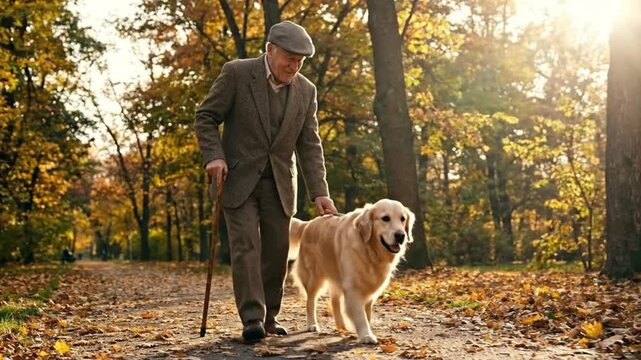 Elderly gentleman with cane walking a golden retriever dog on a path in a park during autumn with colorful foliage