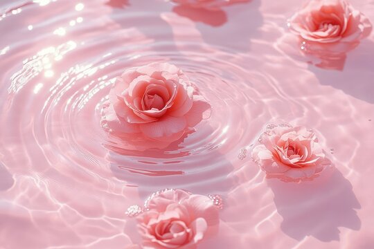 Four delicate pink roses floating on rippling pastel water with soft sunlight reflections, creating a serene and dreamy atmosphere