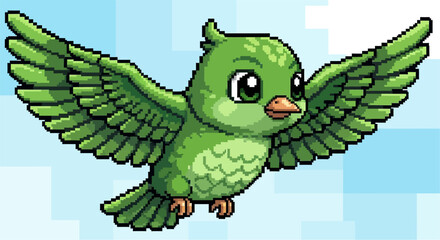 Obraz premium A cute pixel art green bird with big eyes and outstretched wings flying in a blue sky.