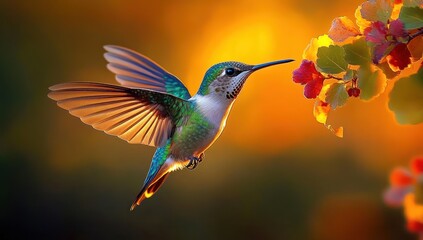 Fototapeta premium Iridescent hummingbird hovering by colorful blossoms in warm golden light, serene and delicate moment