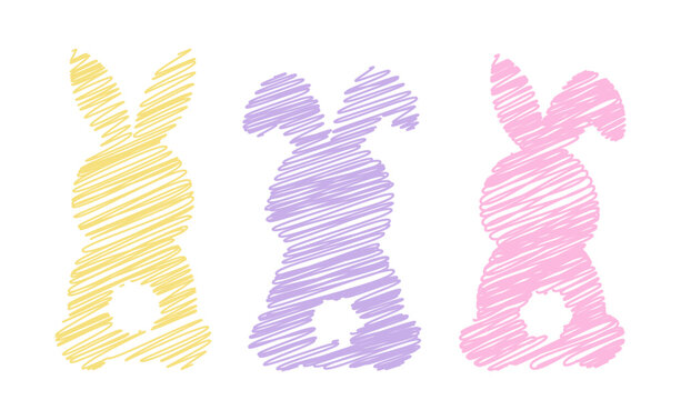Set of Hand drawn doodle bunny vector illustration.
Pastel hand-drawn bunny with diagonal scribble effect.
Cute scribble style rabbit Easter icon. SVG.