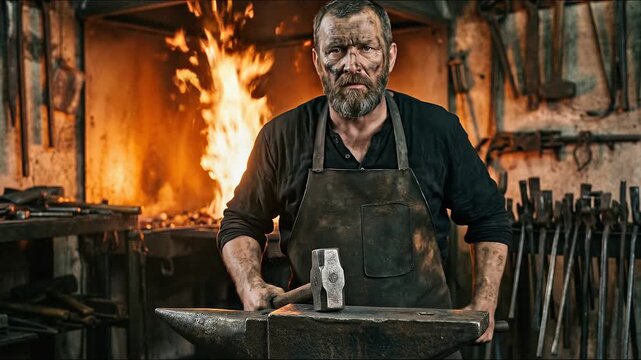 Intense portrait of hardworking blacksmith man upholding ancient community traditions inside fiery workshop, forging metal with skill and hammer